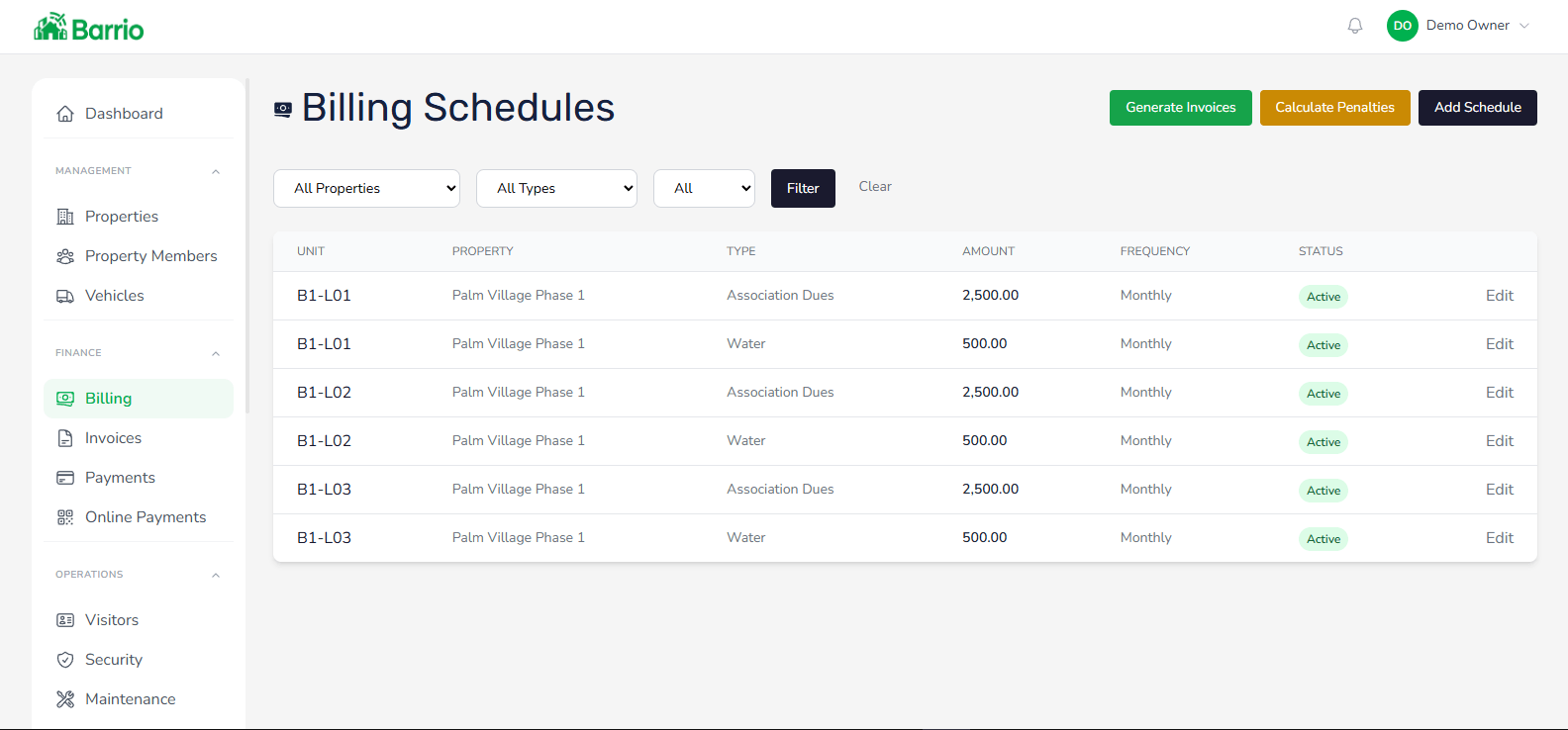 Billing schedules dashboard