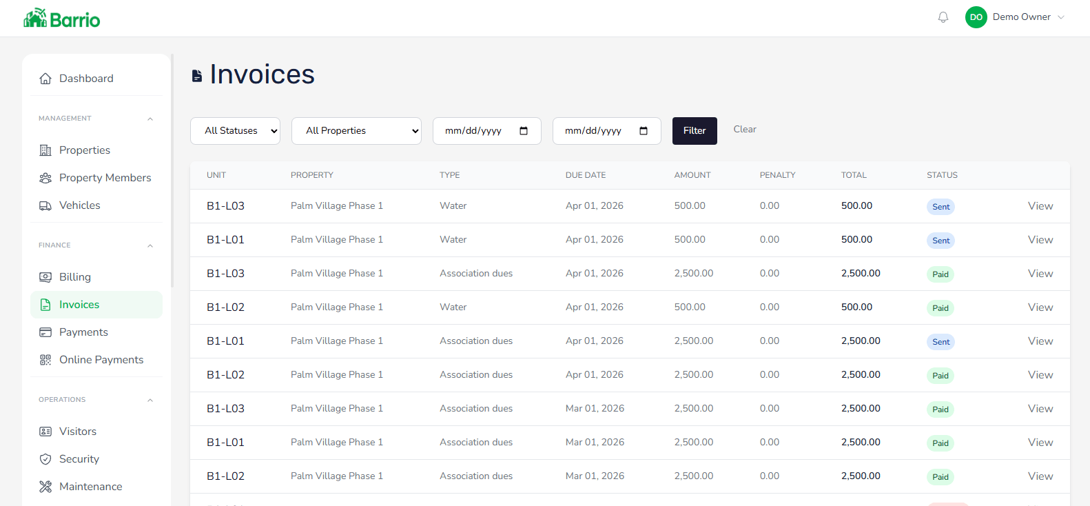 Invoices & rent collection