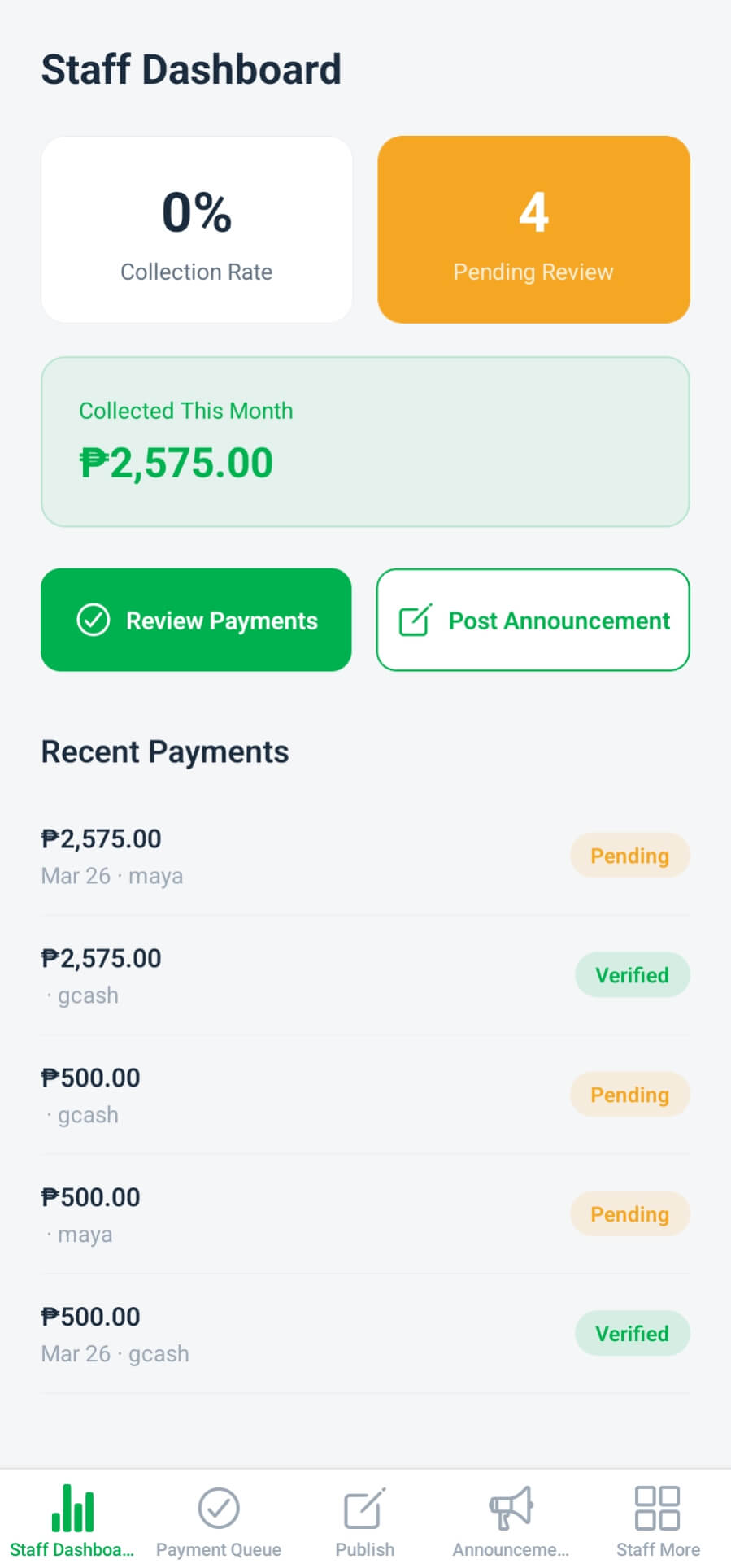 Staff dashboard on mobile