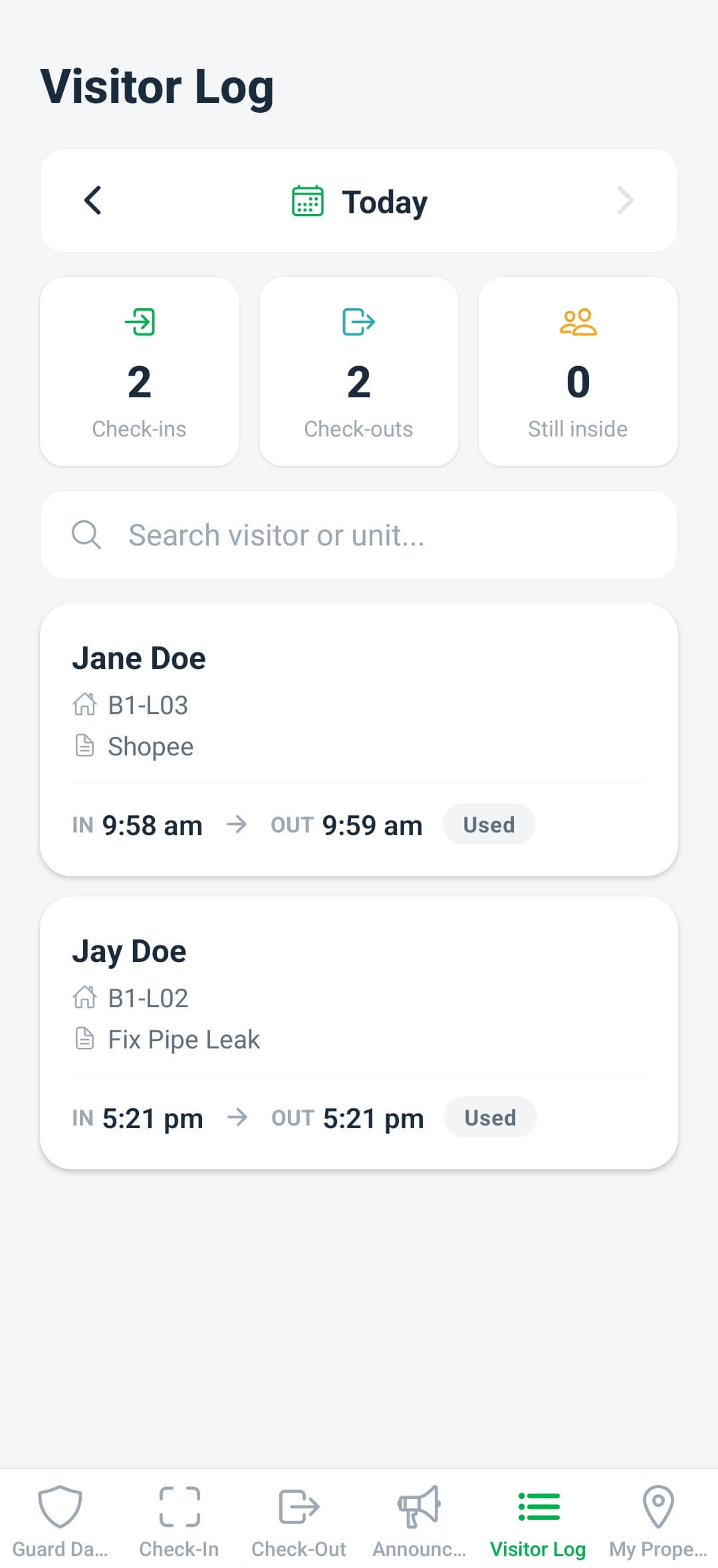 Visitor log on mobile