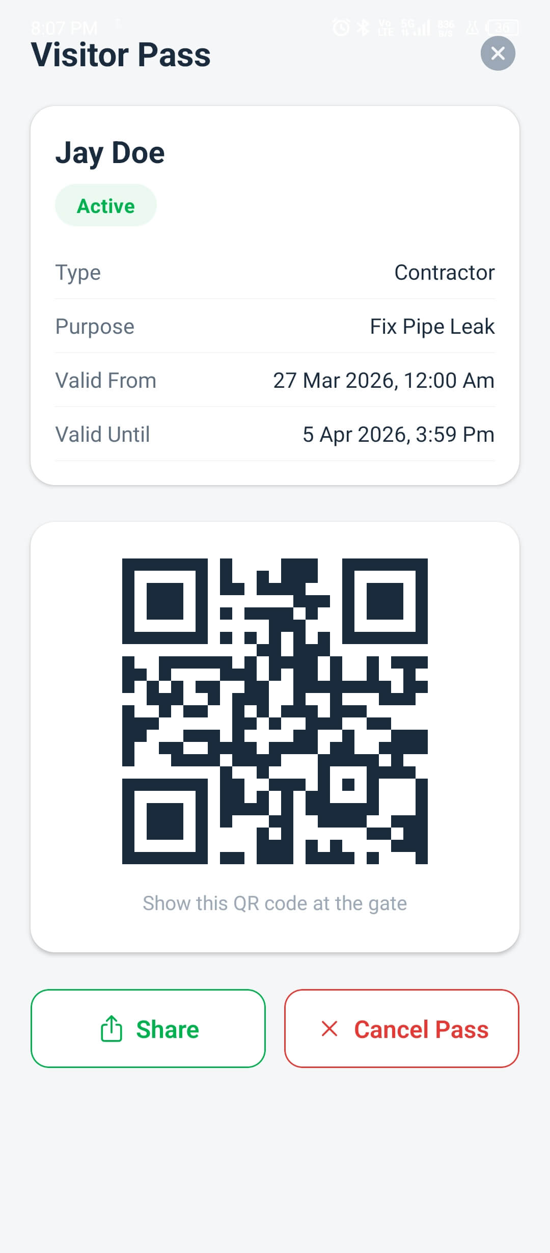 Visitor pass on mobile